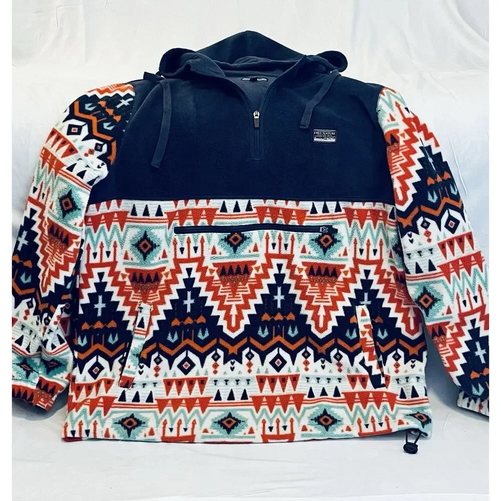 Aztec Tribal Geometric Fleece Quarter Zip Jacket Men’s L Free Nature